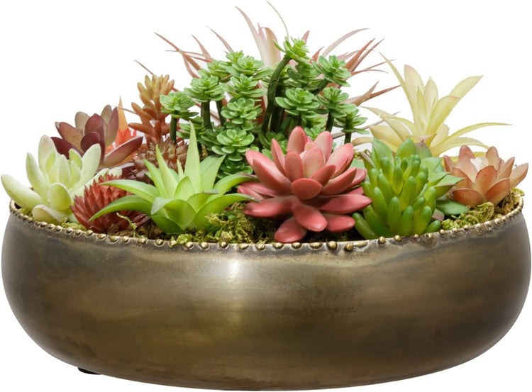 Brass Toned Metal Round Planter Bowl with Pebbled Rim, Shallow Succulent Pot-MyGift