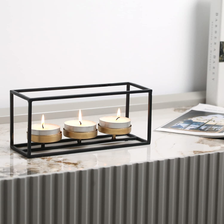 Candle Holder Centerpiece with Black Wire Rectangular Frame and Gold Bases for 3 Pillar or Tealight Candles