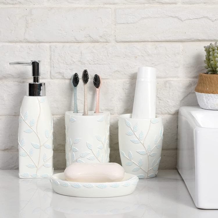 White 4-Piece Bathroom Accessory Set, Embossed Powder Blue Leaf and Branch Pattern Includes Pump Dispenser, Tumbler, Toothbrush Holder, Soap Dish