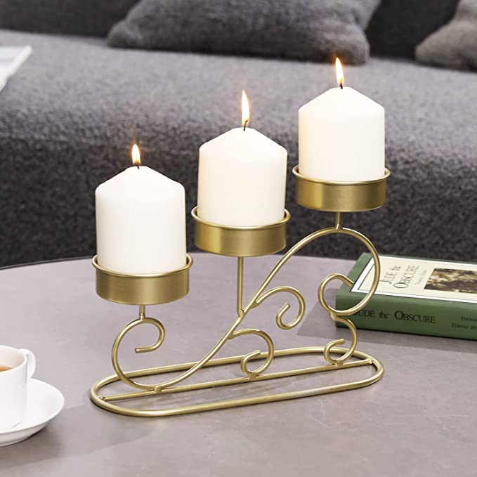 Tabletop Tiered Brass Tone Metal Pillar Candle Holder with Vintage Scrollwork Design