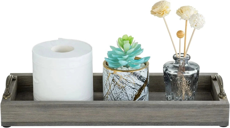 16 Inch Gray Wood Toilet Tank Tray Organizer, Bathroom Vanity Rectangular Tray with Antique Brass Tone Metal Handles-MyGift