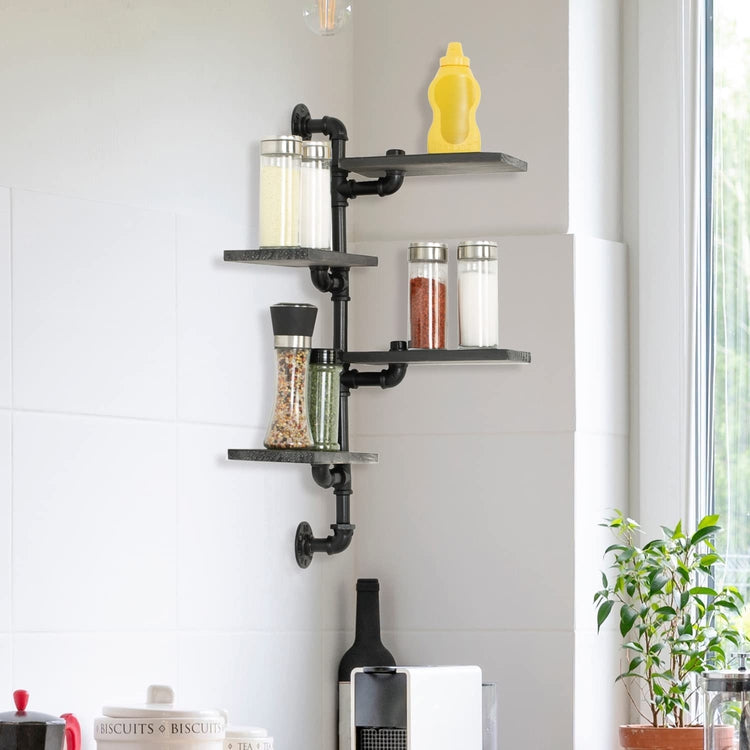 4-Tier Weathered Gray Wood Corner Floating Shelf with Industrial Metal –  MyGift