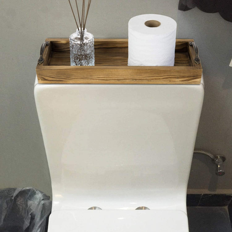 Dark Brown 16-inch Burnt Wood Rectangular Tray, Bathroom Vanity Toilet Tank Tray with Brass Metal Handles