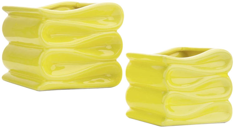 2 Pack of 4 and 5 Inch Modern Decorative Folded Design Yellow Ceramic Flower Succulent Planter Pots-MyGift