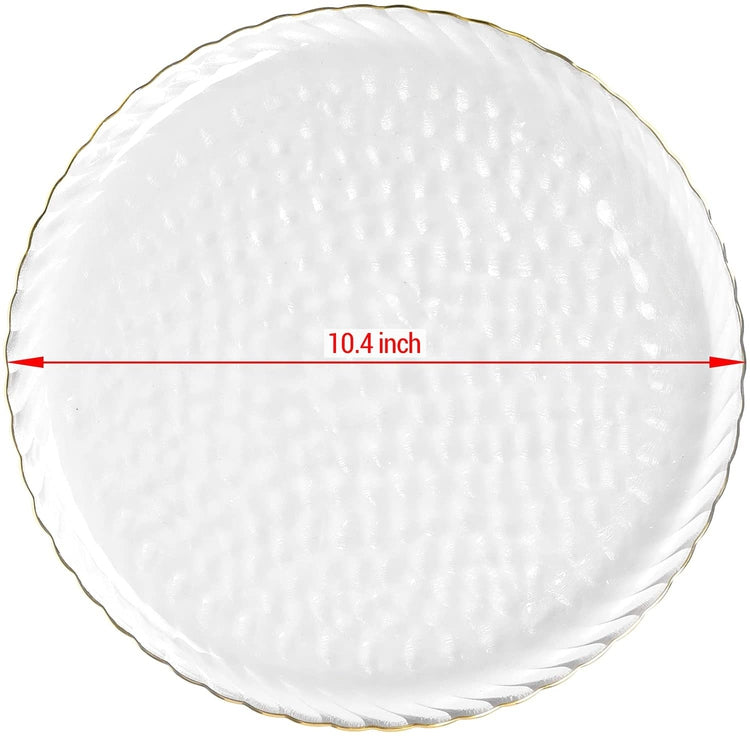 Set of 4, 10.5 inch Hammered Style Clear Glass Round Dinner Plates with Gold Tone Rim-MyGift
