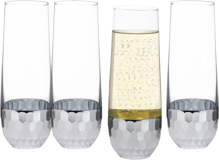 Set of 4, Stemless Champagne Flute Party Glasses with Hammered Style Silver Plated Bottoms-MyGift