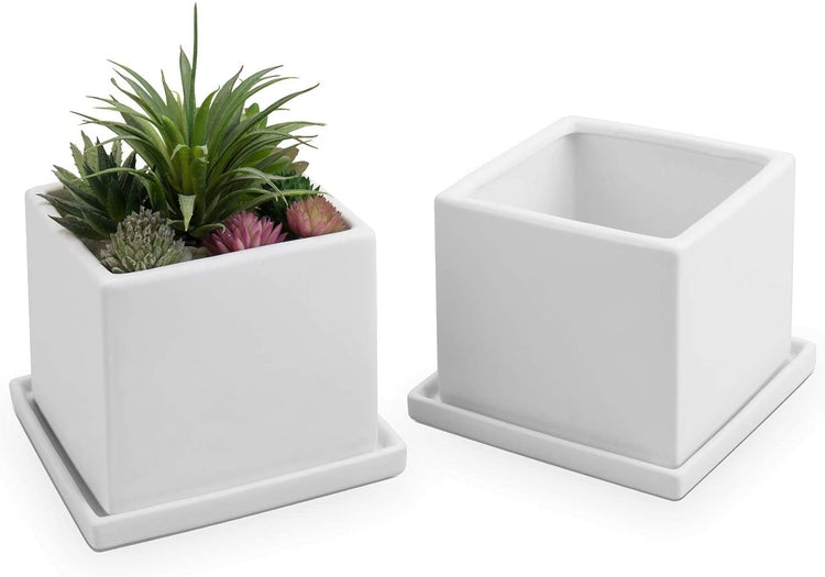 Set of 2 White Square Ceramic Planters with Matching Removable Saucers-MyGift