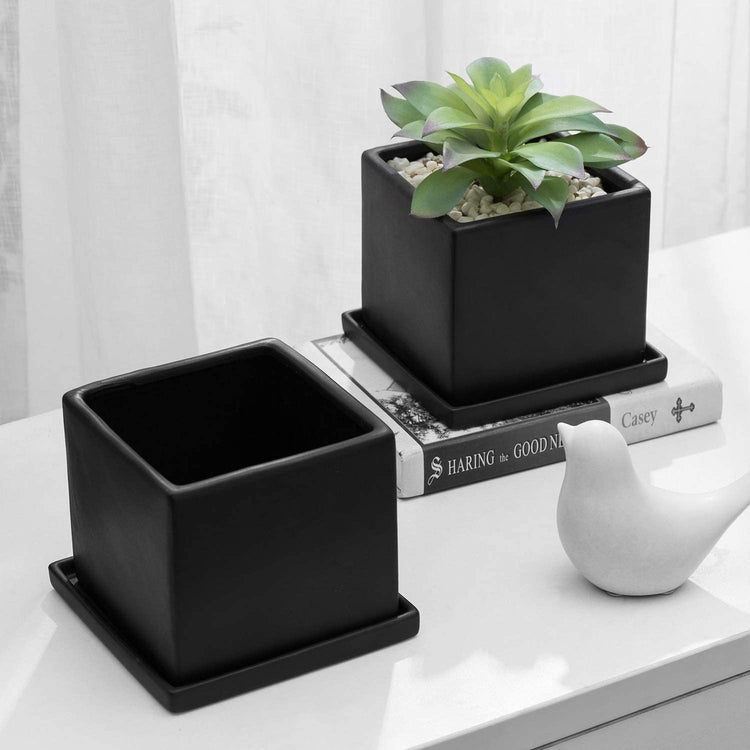 Set of 2, Matte Black Ceramic Square Planters with Removable Saucers-MyGift