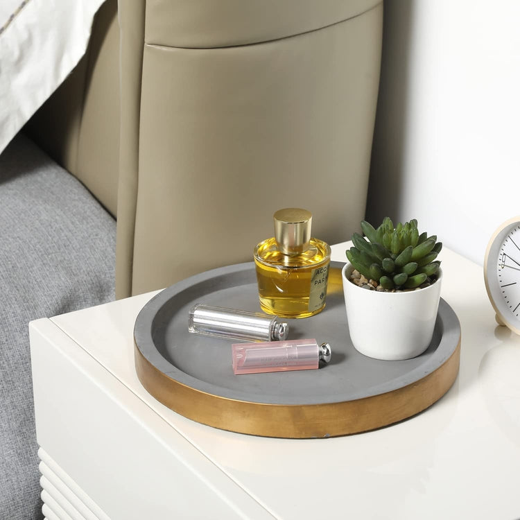 11-inch Concrete Round Bathroom or Bedroom Vanity Tray with Gold Tone Rim Accent