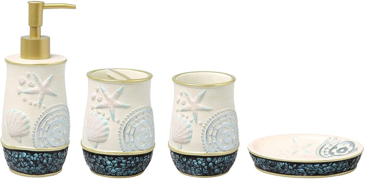 Coastal Style 4 Piece Bathroom Accessories Set with Embossed Seashell Starfish Design-MyGift