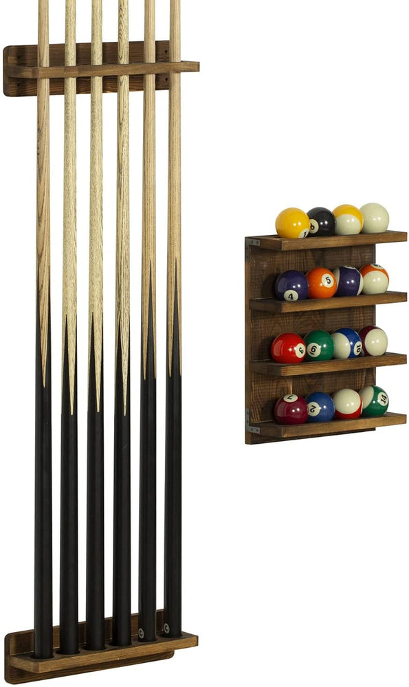 Wall Mounted Dark Brown Wood Pool Cue Stick Holder Rack for 6 Cues with Billiard Ball Storage Shelf, 3-Piece Set-MyGift