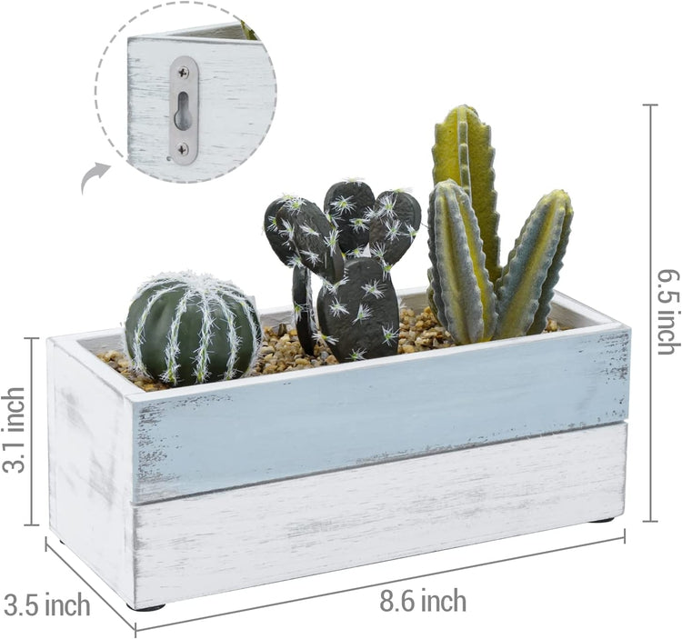 Artificial Mini Cactus Plants in Mixed Color Blue and White Wood Planter, Wall Mounted Rectangular Box-MyGift