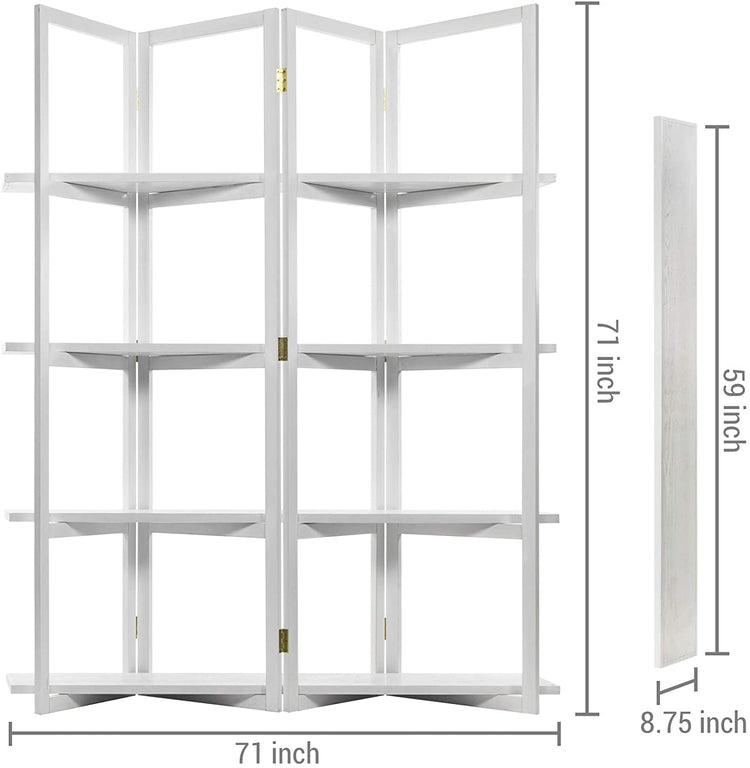 4-Panel Open Bookcase White Wood Room Divider with 4 Shelves-MyGift