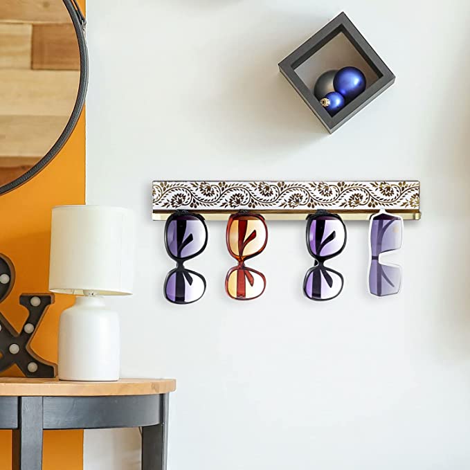 Wall Mounted Brass Tone Metal and Burnt Wood Sunglasses Holder with White Floral Pattern