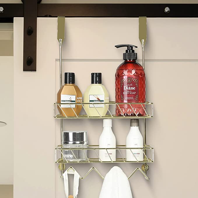 Brass Metal Bath Storage Shelf Rack, Over The Door Hanging Bathroom Organizer with Basket Shelves and Hooks