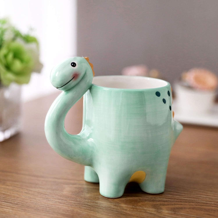 Teal Green Ceramic Dinosaur Cartoon Drinking Mug with Handle-MyGift