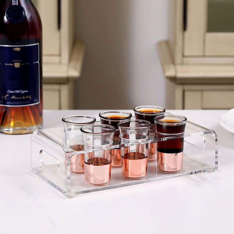 7 Piece Shot Glass Serving Set, 6 Party Shot Glasses with Copper Bottom with Clear Acrylic Serving Tray