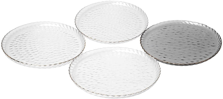 Set of 4, 10.5 inch Hammered Style Clear Glass Round Dinner Plates with Gold Tone Rim-MyGift