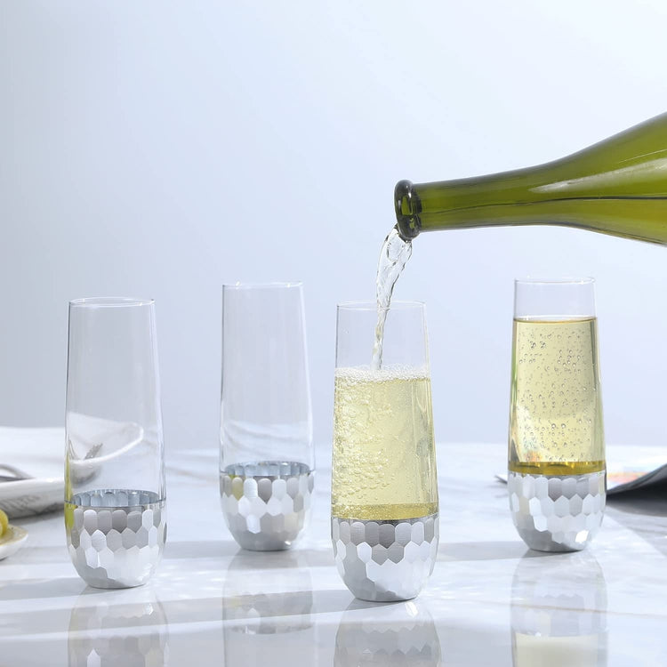 Stemless Champagne Flute Party Glasses with Hammered Style Silver Plated Bottoms, Set of 4