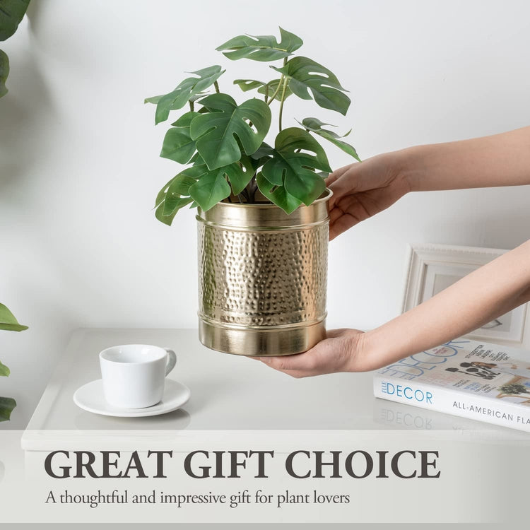 6.5 Inch Hammered Brass Tone Metal Planter Pot with Embossed Ring Design, Decorative Plant Container