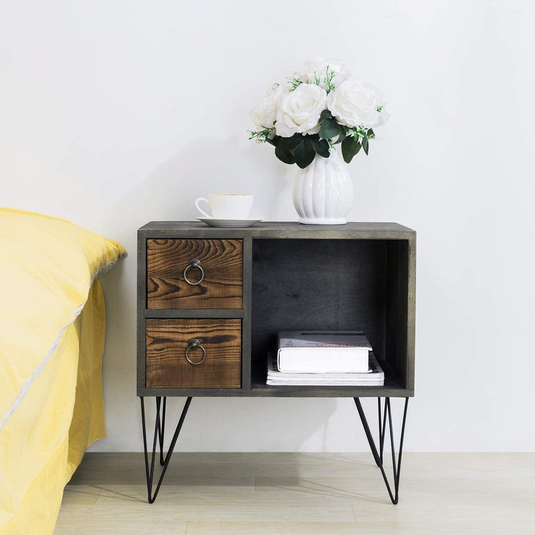 Vintage Gray Wood Nightstand / Side Table with 2 Drawers and Open Cabinet-MyGift