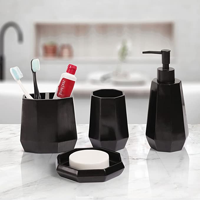 4 Piece Matte Black Resin Bathroom Accessory Set, Includes Soap Dish, Tumbler, Toothbrush Holder and Pump Dispenser