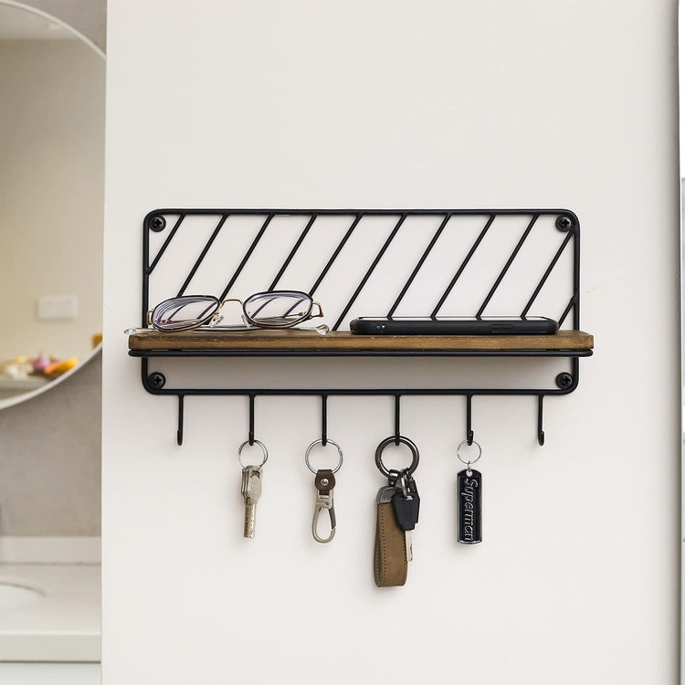 Burnt Wood and Matte Black Metal Wall Mounted Key Hooks with Floating Display Storage Shelf-MyGift