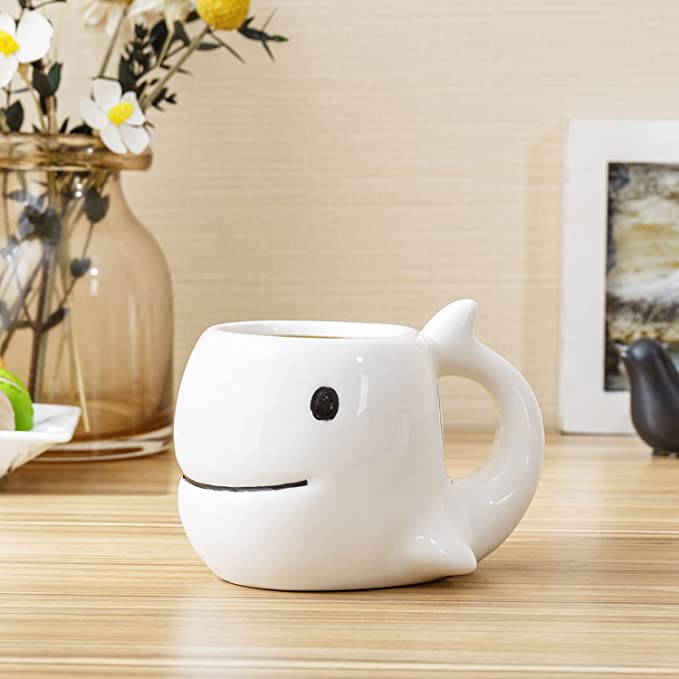 White Ceramic Whale Shaped Coffee Mug with Handle and Smiling Whale Design, Novelty Gift Mugs-MyGift