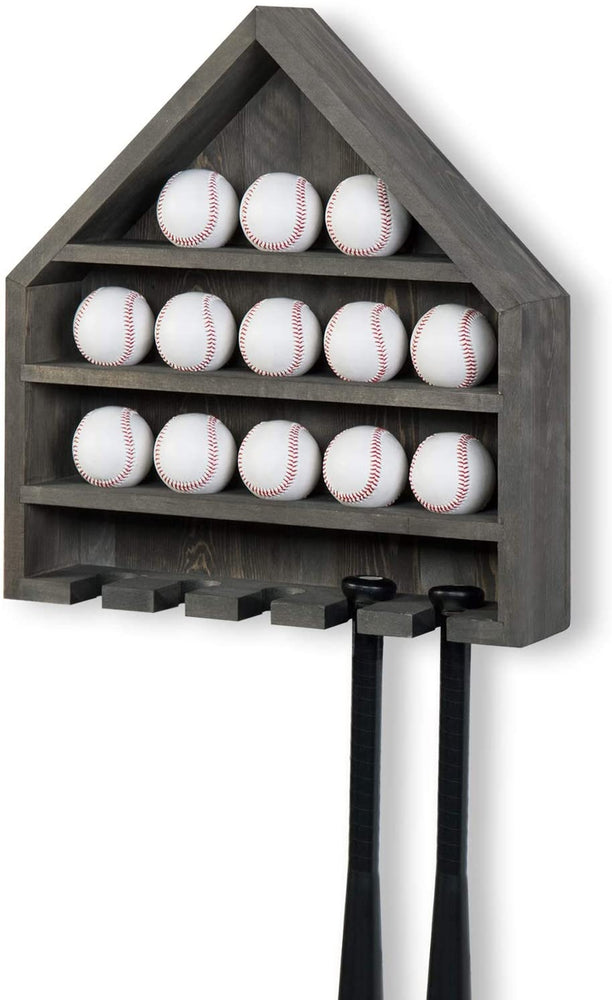 Gray Wood Home Plate-Shaped Wall Mounted Baseball and Bat Storage Display Shelf Rack-MyGift