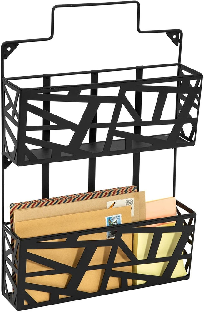 Black Metal 2 Tier Mail Holder Wall Mounted Storage Basket Letter Organizer with Laser Cut Geometric Abstract Design-MyGift