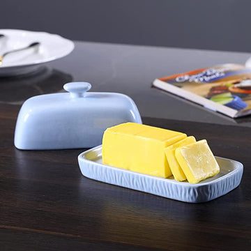 Sky Blue Ceramic Butter Dish, Etched Rectangular Butter Stick Tray with Cover Lid-MyGift