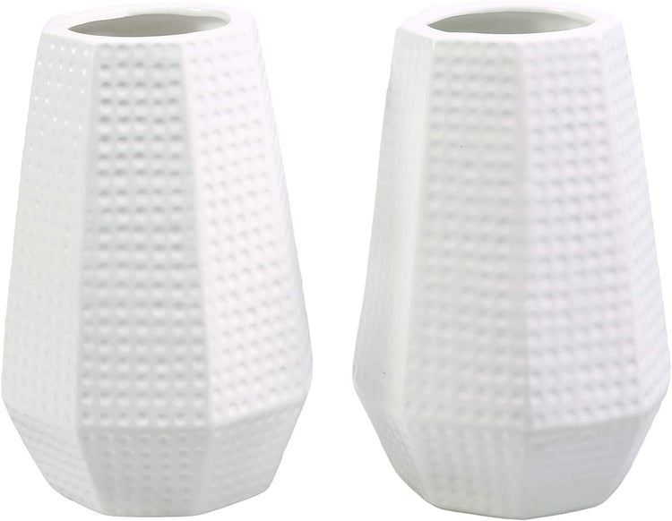 Set of 2, 7-Inch Dimpled White Ceramic Tabletop Flower Vase Planter Pot with Geometric Cutout Design-MyGift