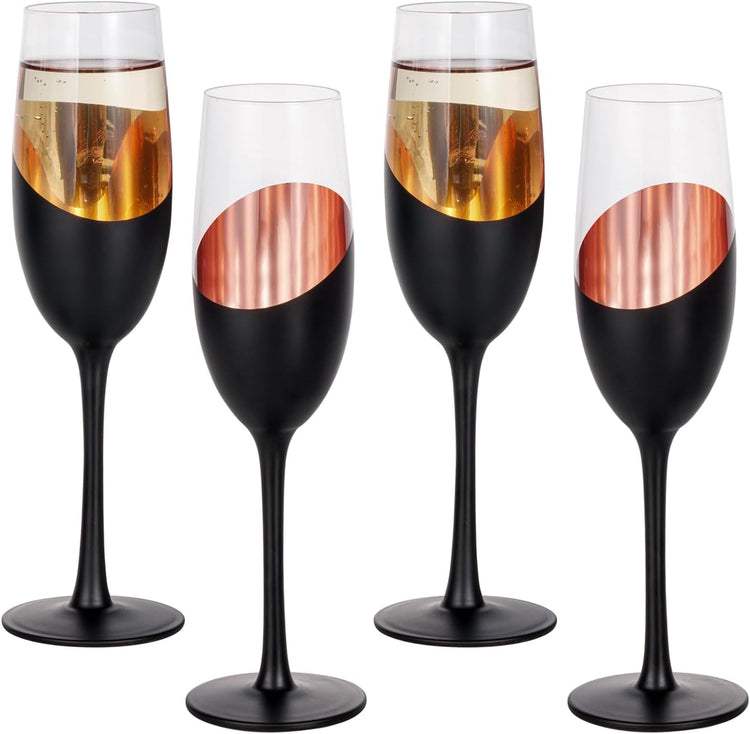 Set of 4, 8oz Stemmed Champagne Flutes with Angled Matte Black and Copper Plated Accent, Sparkling Wine Stemware-MyGift