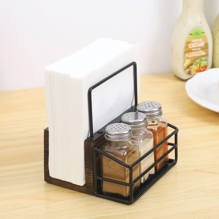 Burnt Wood and Industrial Black Metal Napkin Holder Rack with 3 Salt Pepper Spice Shakers-MyGift