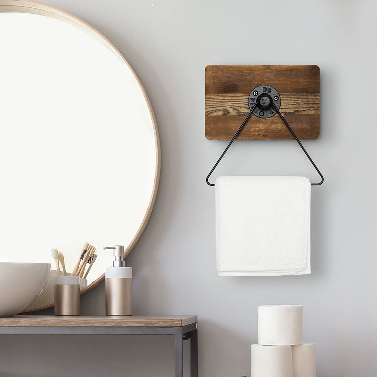 Burnt Brown Wood and Black Industrial Metal Pipe Triangular Bathroom Wall Hanger Rack Hand Towel Holder