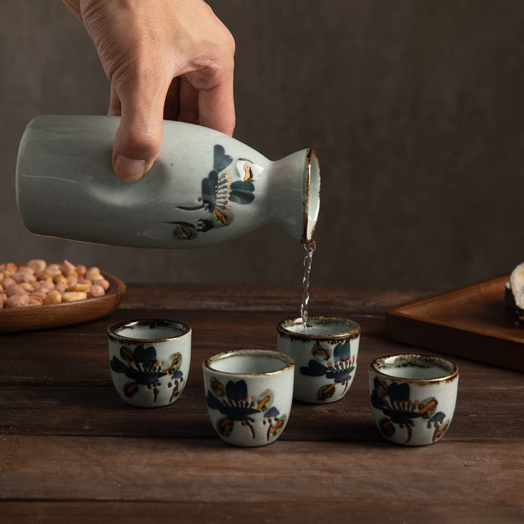 5 Piece Japanese Style Sake Set Gray Artistic Floral Accent Ceramic, Decanter Carafe and 4 Sake Cups