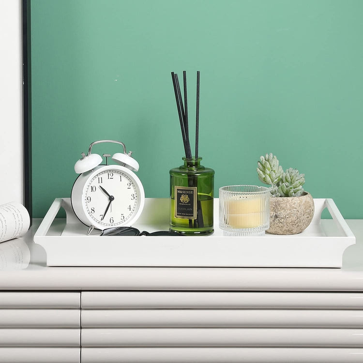 Decorative Serving Tray, Matte White Metal Rectangle Ottoman Coffee Table Tray with Rounded Cutout Side Handles