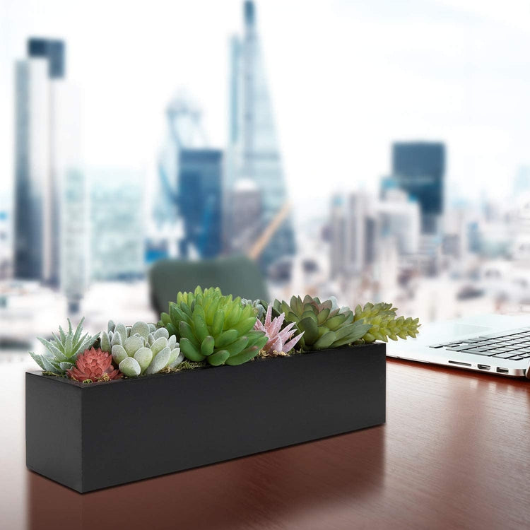 12 Inch Artificial Succulent Plants Arrangement in Black Rectangular Wood Planter Box-MyGift