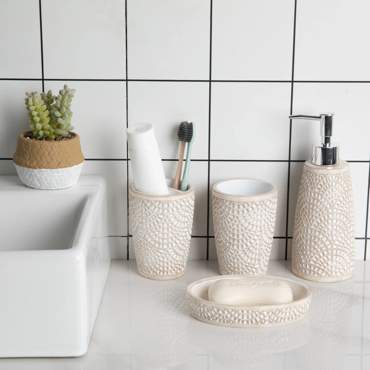 4 Piece White Art Deco Embossed Pattern Bathroom Accessory Set, Soap or Lotion Dispenser, Tumbler, Toothbrush Holder, Soap Dish