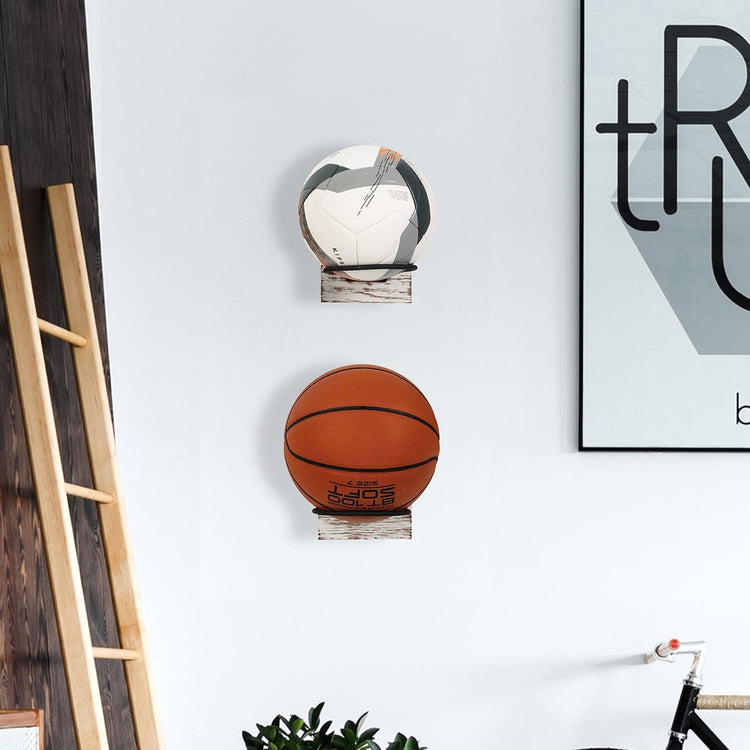 Set of 2, Wood and Metal Wall-Mounted Sports Ball Holder Storage-MyGift