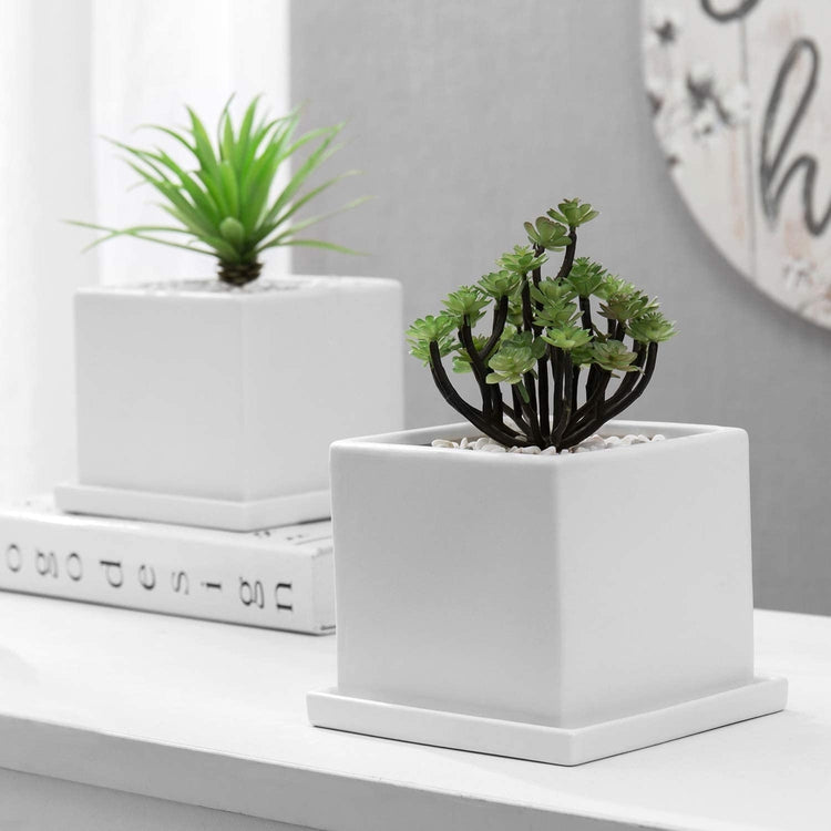 Set of 2 White Square Ceramic Planters with Matching Removable Saucers-MyGift