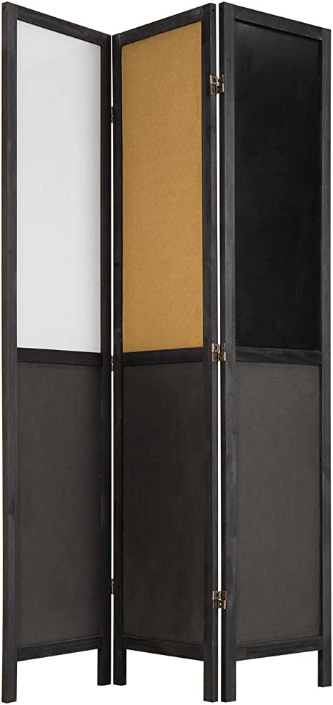 Room Divider Privacy Screen with Double-Sided Chalkboard Whiteboard and Cork Bulletin Board, 3 Panel Black Wood Room Divider-MyGift