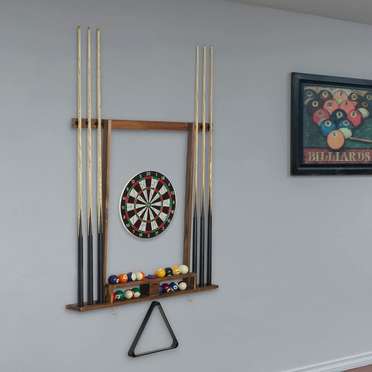 Wall Mounted Burnt Wood Billiard Stick Pool Cues and Ball Holder Organizer Rack with 3 Brass Storage Hooks