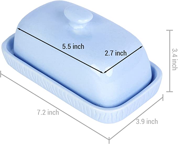 Sky Blue Ceramic Butter Dish, Etched Rectangular Butter Stick Tray with Cover Lid-MyGift