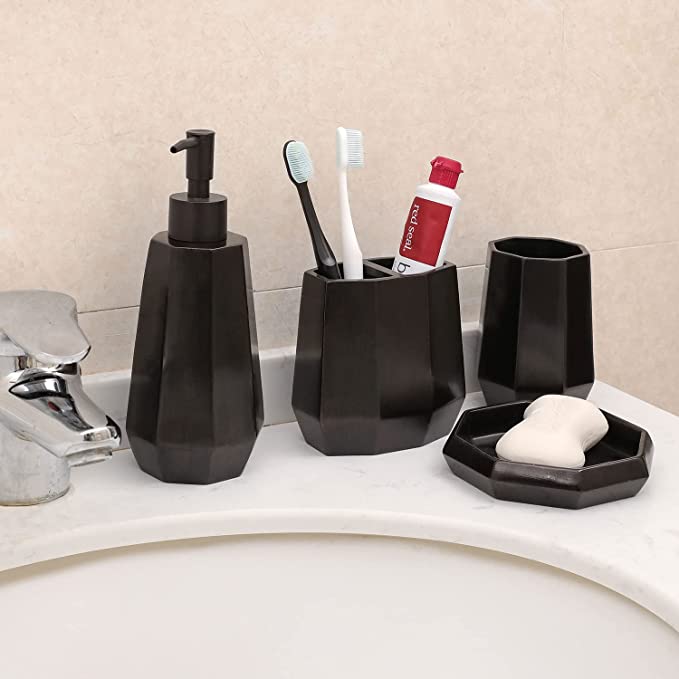 4 Piece Matte Black Resin Bathroom Accessory Set, Includes Soap Dish, Tumbler, Toothbrush Holder and Pump Dispenser-MyGift