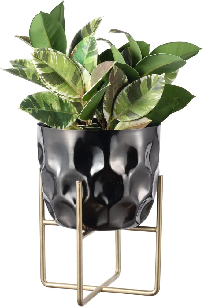7 Inch Hammered Black Metal Flower Planter Pot with Gold Decorative Riser, Plant Pot with Display Stand-MyGift