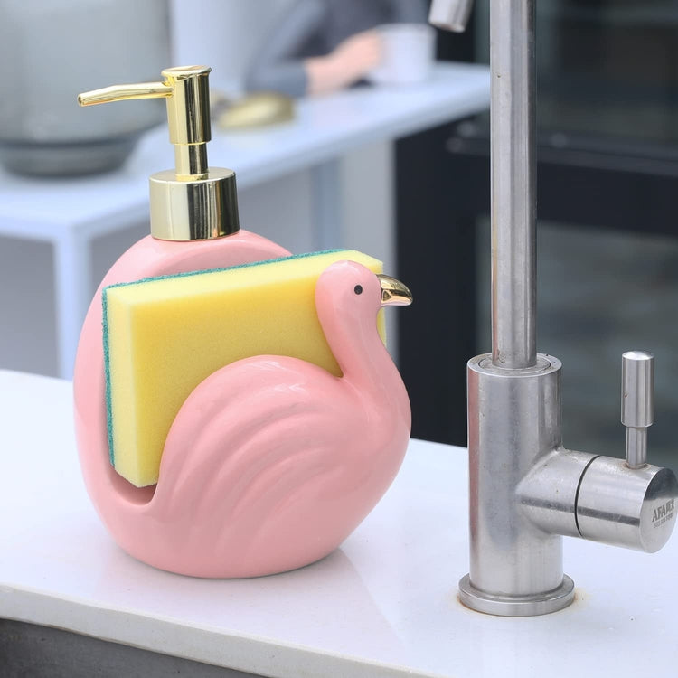 Pink Flamingo Ceramic Gold-tone Pump Dish Soap Dispenser and Kitchen Sponge Holder-MyGift