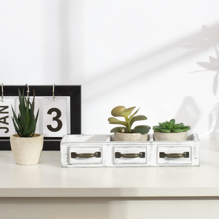 4 Piece Artificial Plants, 3 Mini Faux Succulent Plants in Round Concrete Style Pots with White Wood Drawer Plant Box