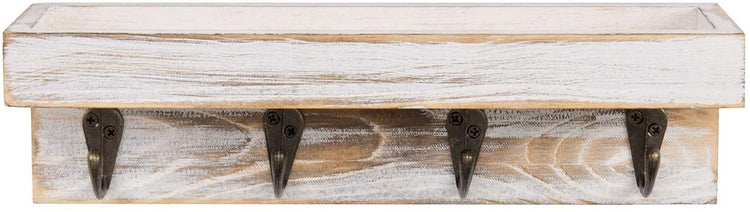 Vintage Whitewashed Wood Wall Mounted Entryway Storage Shelf with 4 Antique Metal Key Hooks Decorative Key Holder-MyGift