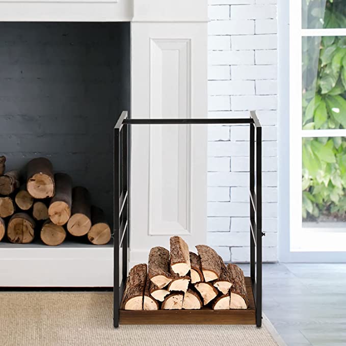Burnt Brown Wood Base and Black Metal Design Firewood Rack, Freestanding Fire Log Pile Holder